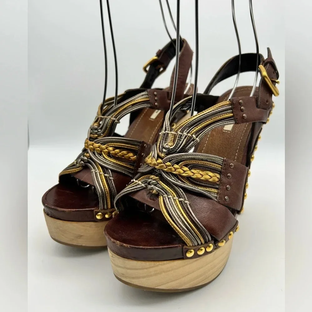 Miu Miu 36 Heel Sling Clog Wedge Platform Stud Brown Leather Wood Y2k boho tall